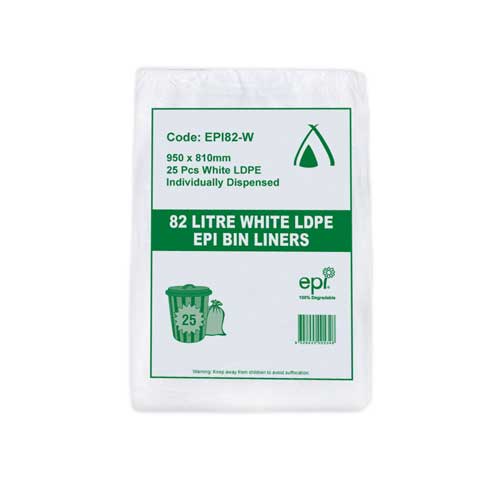 82L White EPI Biodegradable LDPE Garbage bin Liners 250PK (EPI82-W)