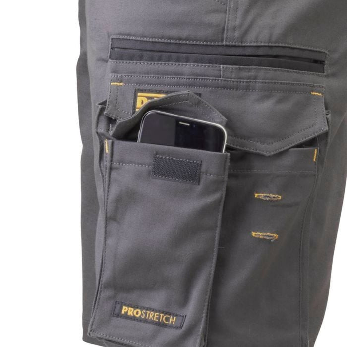 Grey multi-pocket DeWalt shorts with phone holder and tool compartments