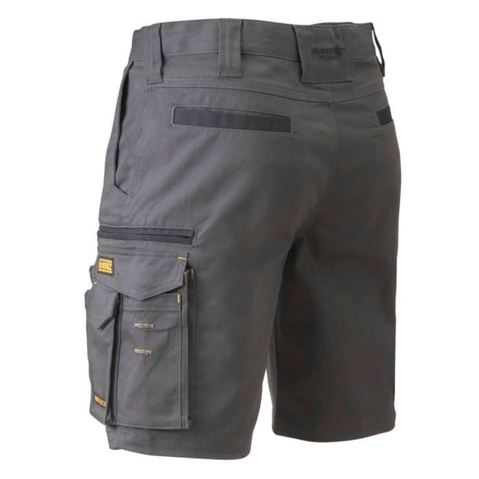 Breathable grey DeWalt shorts built for jobsite mobility and comfort