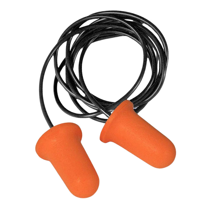 Close-up of polyurethane foam corded earplugs
