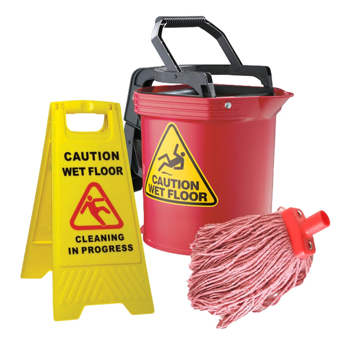 Freshway Commercial Cleaning Starter Kit with Bucket, Mop Head & Wet Floor Sign