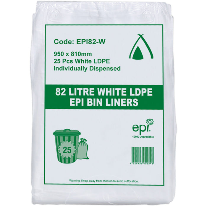 82L White EPI Biodegradable LDPE Garbage bin Liners 250PK (EPI82-W)