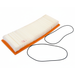Rectangular air filter with orange frame and white pleated material on a white background