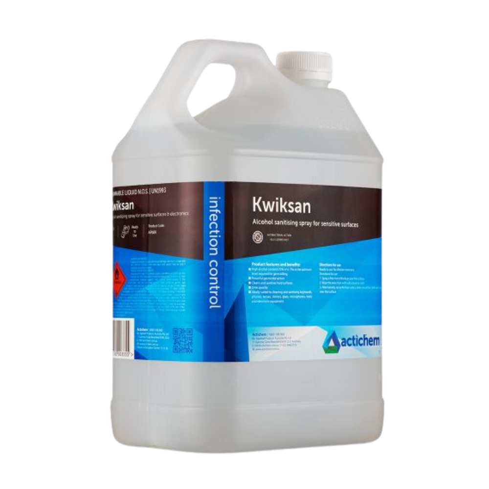 Actichem Kwiksan – Alcohol Sanitising Spray for Sensitive Surfaces - 5L / Clear - Chemicals