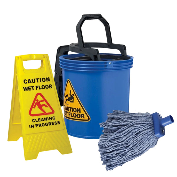 Freshway Commercial Cleaning Starter Kit with Bucket, Mop Head & Wet Floor Sign