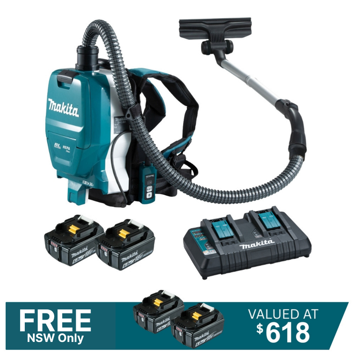 Makita_18Vx2_36V_Brushless_Backpack_Vacuum_DVC261_Kit_-_2x_6.0Ah_Batteries_DC18RD_Charger_PROMOTION