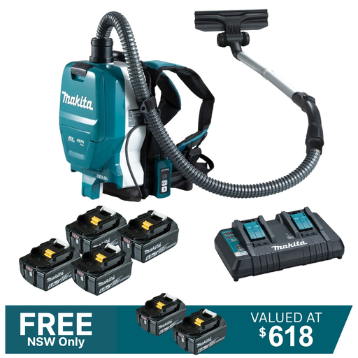 Makita 18Vx2 36V Brushless Backpack Vacuum DVC261 Kit - 4x 6.0Ah Batteries + DC18RD Charger PROMOTION