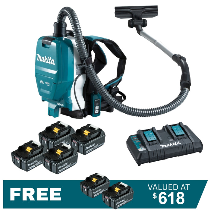Makita 18Vx2 36V Brushless Backpack Vacuum DVC261 Kit - 4x 6.0Ah Batteries + DC18RD Charger PROMOTION