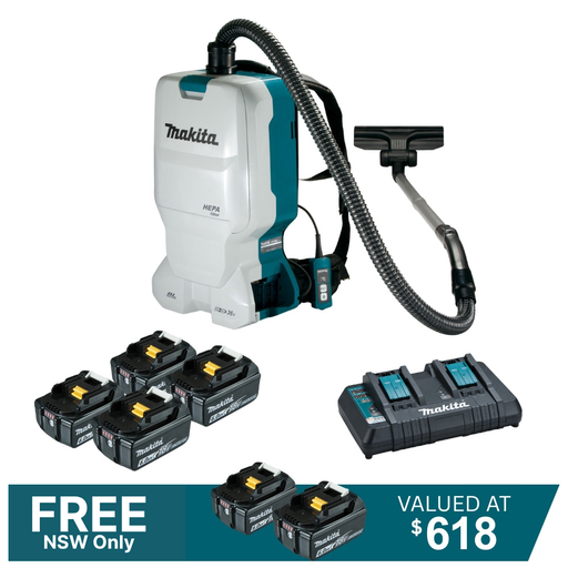 Makita_18Vx2_36V_Brushless_Backpack_Vacuum_DVC660G4X1_Kit_-_4x_6.0Ah_Batteries_DC18RD_Charger_PROMOTION