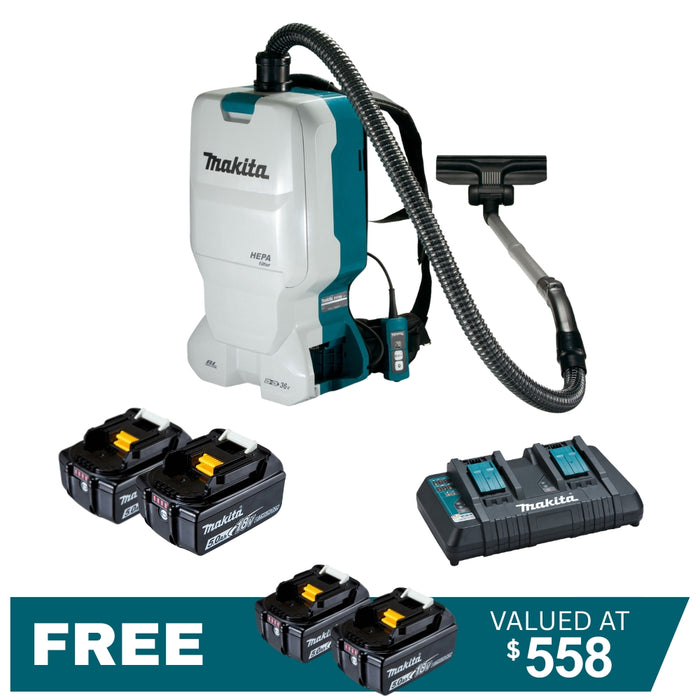 Makita 18Vx2 (36V) Brushless Backpack Vacuum DVC660T2X1  Kit - 2x 5.0Ah Batteries + DC18RD Charger PROMOTION