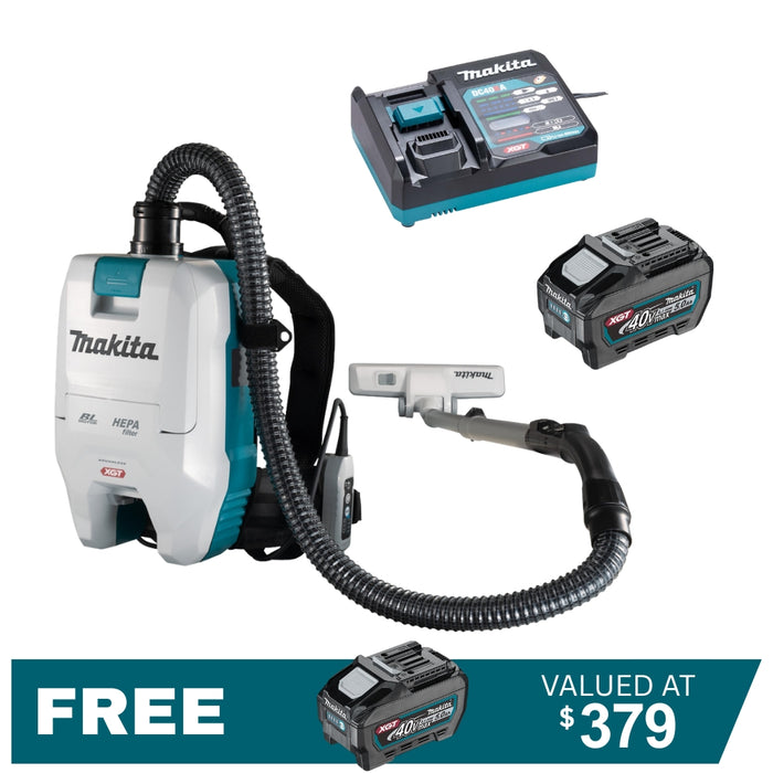 Makita 40V Max Brushless Backpack Vacuum VC008G Kit - 2x 5.0Ah Batteries + DC40RA Single Charger PROMOTION