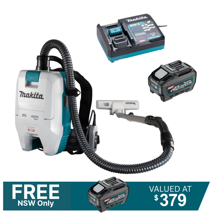 Makita_40V_Max_Brushless_Backpack_Vacuum_VC008G_Kit_-_2x_5.0Ah_Batteries_DC40RA_Single_Charger_PROMOTION