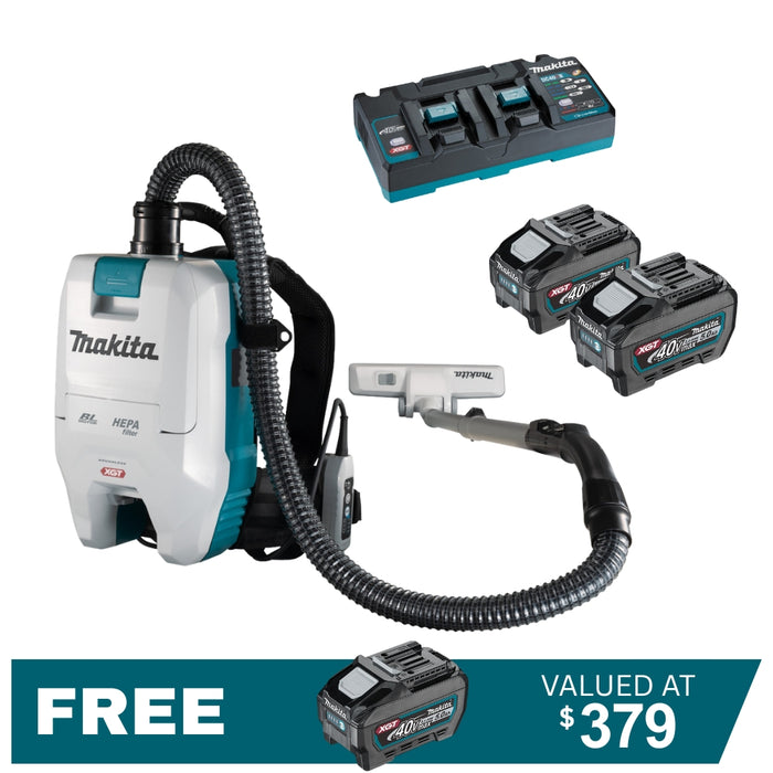 Makita 40V Max Brushless Backpack Vacuum VC008G Kit - 2x 5.0Ah Batteries + DC40RB Dual Charger PROMOTION