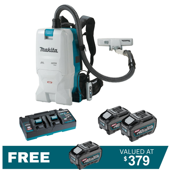 Makita 40V Max XGT Brushless Backpack Vacuum VC011GT201 Kit - 2x 5.0Ah Batteries + DC40RB Charger PROMOTION
