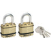 Brass and zinc covered laminated padlock close-up

