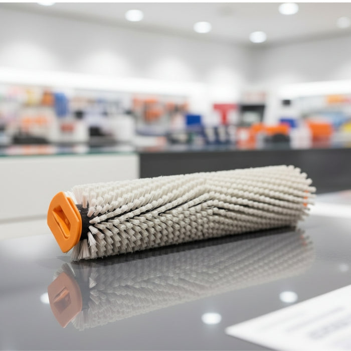 Nilfisk medium white nylon cylindrical brush measuring 340 mm, built for reliable floor maintenance and effective dirt removal using Nilfisk scrubber/dryers