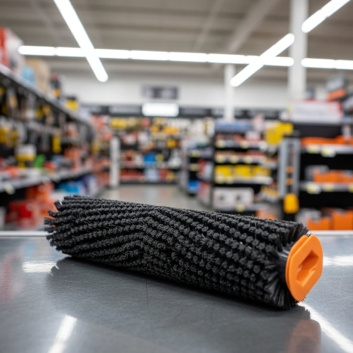 Nilfisk soft black 340 mm nylon cylindrical brush compatible with scrubber/dryer units, offering safe and thorough cleaning performance