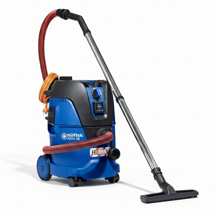Nilfisk AERO 26 H-Class compact safety vacuum cleaner with 1500W motor designed for safe removal of hazardous dust in industrial environments