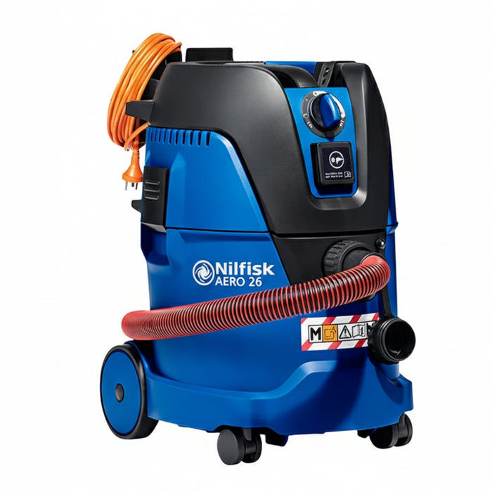 Nilfisk AERO 26 M-Class compact safety vacuum cleaner with 1500W motor designed for safe dust extraction in workshops and construction sites