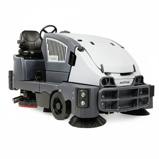 Nilfisk CS7010 diesel hybrid ride-on floor cleaning combination machine designed for large-scale industrial cleaning, combining sweeping and scrubbing in one efficient unit