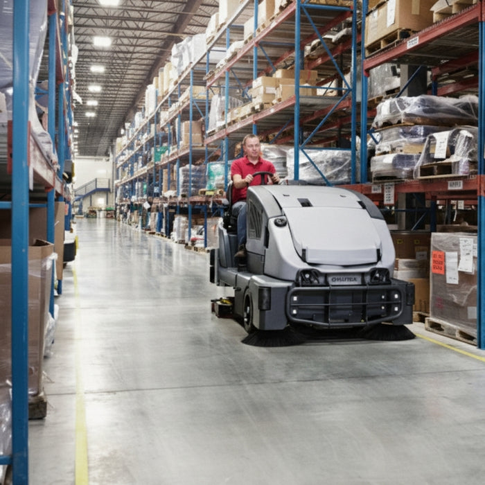 Nilfisk CS7010 hybrid ride-on floor cleaning machine with diesel power delivering efficient sweeping and scrubbing performance