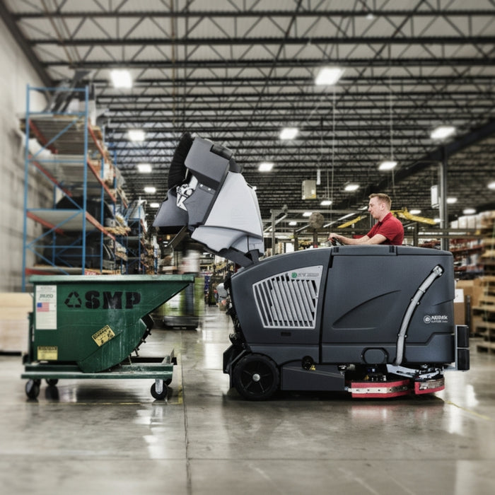 Nilfisk CS7010 LPG hybrid ride-on combination machine providing high productivity scrubbing and sweeping for large commercial and industrial floors