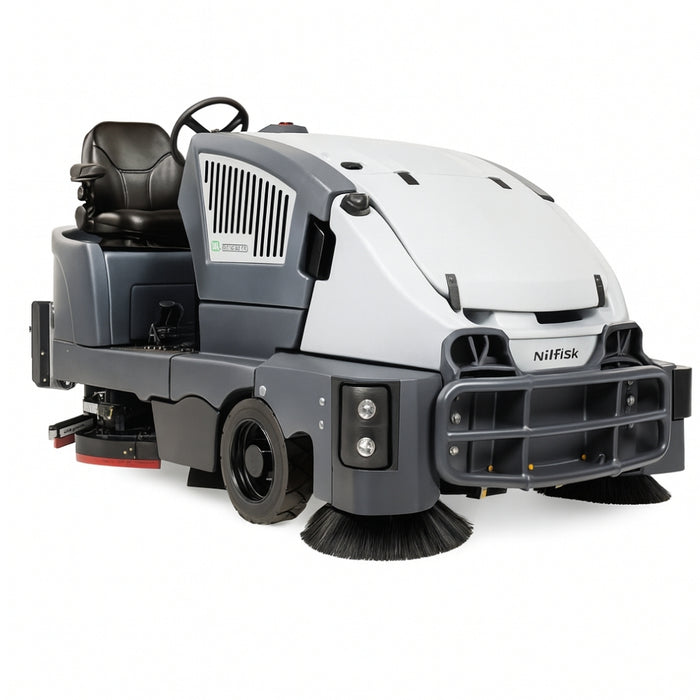 Nilfisk CS7010 LPG hybrid ride-on floor cleaning combination machine designed for powerful sweeping and scrubbing in large industrial spaces
