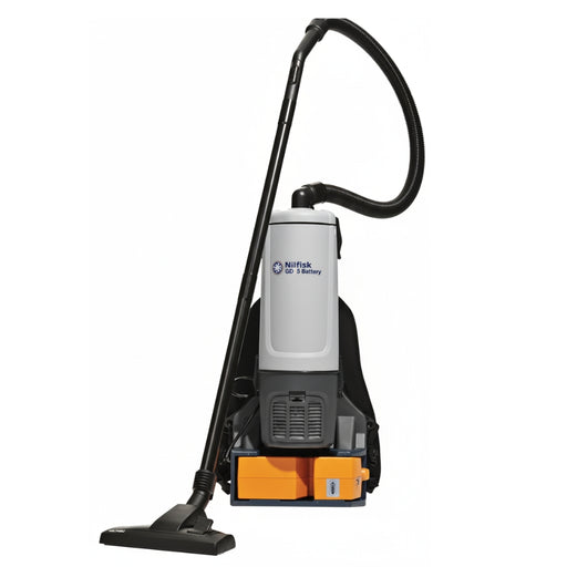 Nilfisk GD5 battery powered backpack vacuum cleaner with 36V 650W motor and 5L capacity providing efficient cordless cleaning for commercial use