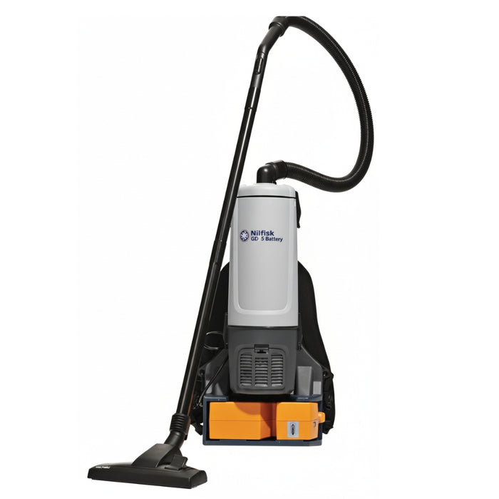 Nilfisk GD5 battery powered backpack vacuum cleaner with 36V 650W motor and 5L capacity providing efficient cordless cleaning for commercial use