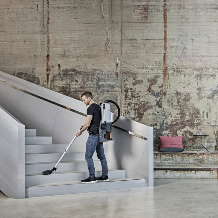 Nilfisk GD5 durable battery operated backpack vacuum cleaner with 36V 650W motor and 5L capacity built for long-lasting commercial performance