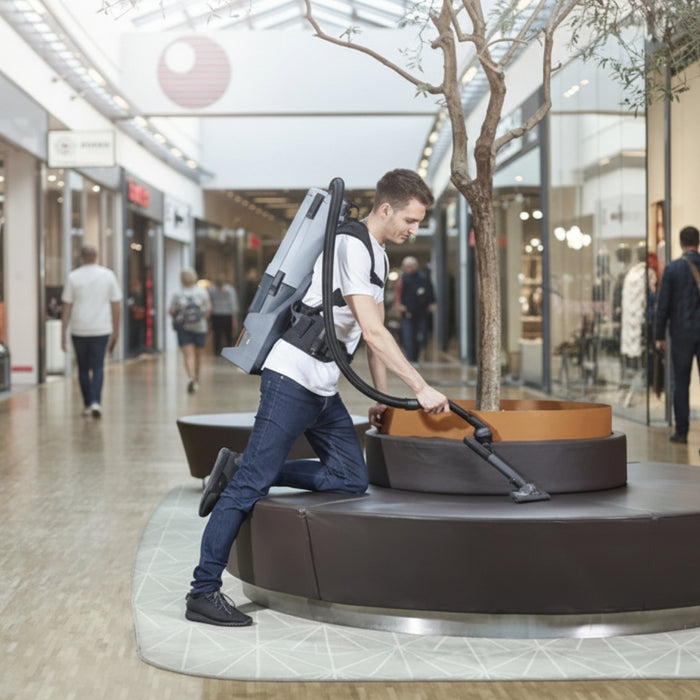 : Nilfisk GD5 battery backpack vacuum cleaner with 36V 650W motor and 5L capacity delivering cordless convenience for professional cleaning