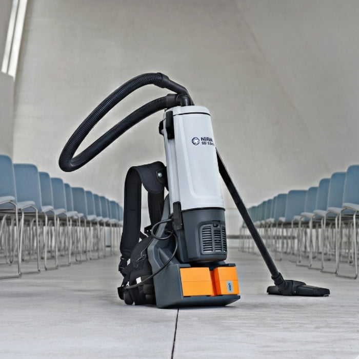 Nilfisk GD5 cordless backpack vacuum cleaner featuring 36V 650W power and 5L dust container designed for professional cleaning tasks