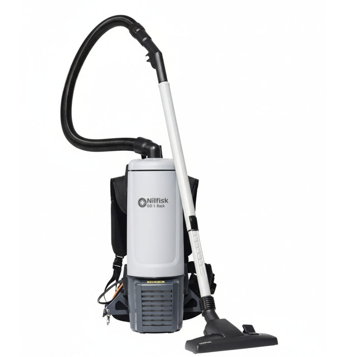 Nilfisk GD5 dry commercial backpack vacuum providing ergonomic design and powerful suction for professional cleaning tasks