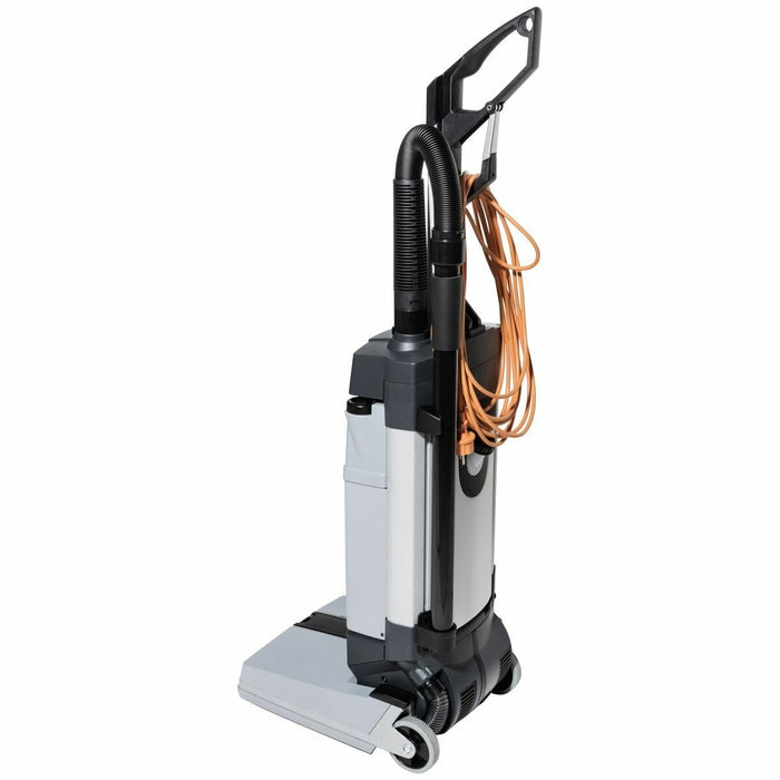 Rear view of Nilfisk SC100 upright scrubber dryer with orange cord, showing compact design for easy maneuverability.