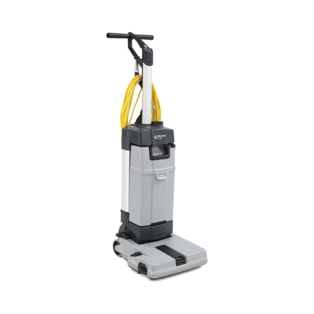 Front view of Nilfisk SC100 upright scrubber dryer with yellow cord, designed for commercial floor and carpet cleaning.