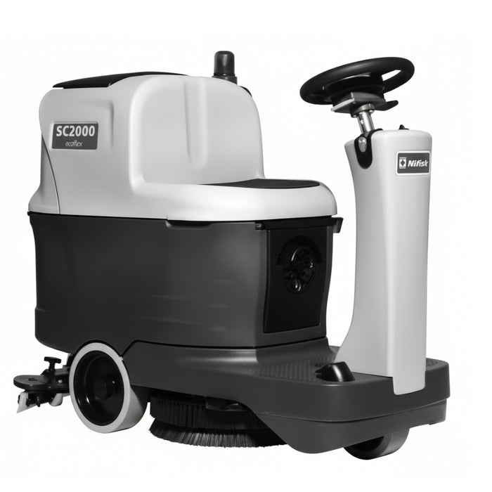 Nilfisk SC2000 53B micro ride-on scrubber dryer designed for efficient and compact floor cleaning in commercial spaces