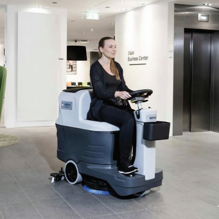 Nilfisk SC2000 53B efficient micro ride-on scrubber dryer built for maneuverability and productivity in commercial cleaning tasks