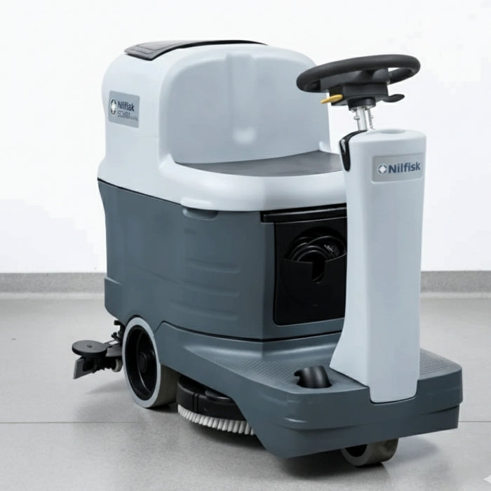 Operator using Nilfisk SC2000 53B micro ride-on scrubber dryer for fast and reliable cleaning in tight and medium-sized areas