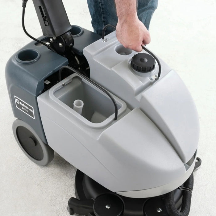 Rear view of Nilfisk SC351 walk-behind compact scrubber providing powerful cleaning in tight spaces