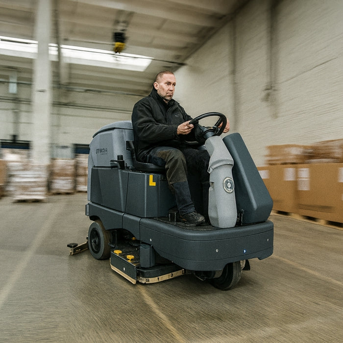 Nilfisk SC6500 1300C efficient ride-on scrubber dryer with battery operation providing powerful scrubbing and drying for expansive floors