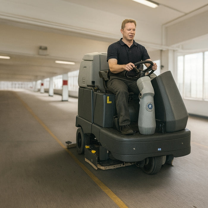 Operator using Nilfisk SC6500 1300D battery operated ride-on scrubber dryer for reliable cleaning in warehouses and industrial facilities