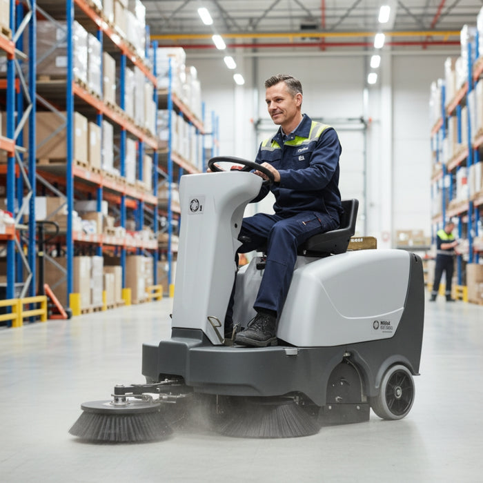 Nilfisk SR1000S durable mid-size battery operated ride-on sweeper built for daily cleaning in commercial and industrial environments