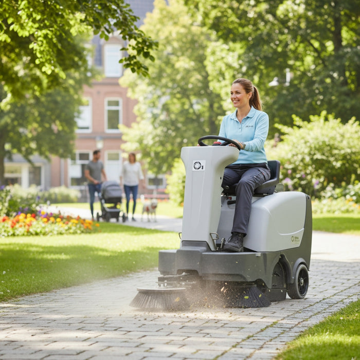 Operator driving Nilfisk SR1000S mid-size ride-on battery powered sweeper delivering powerful cleaning for indoor and outdoor spaces