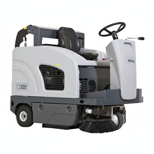 Nilfisk SW4000 battery powered mid-size ride-on sweeper designed for efficient sweeping of commercial and industrial floor areas