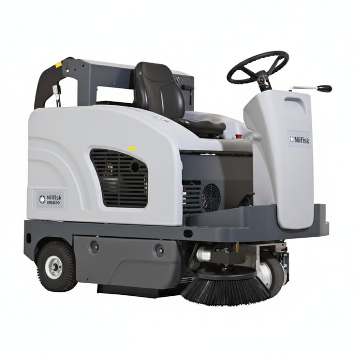 Nilfisk SW4000 battery powered mid-size ride-on sweeper designed for efficient sweeping of commercial and industrial floor areas