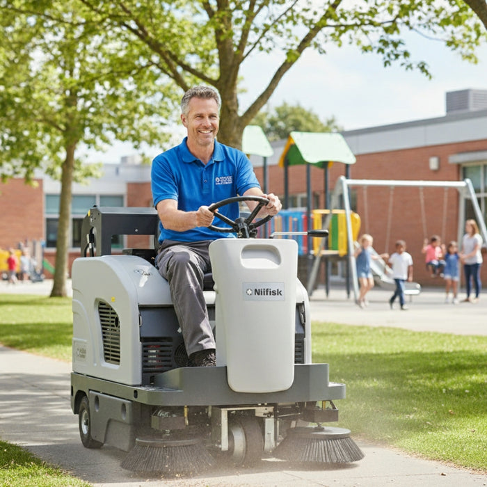 Nilfisk SW4000 battery powered mid-size ride-on sweeper designed for efficient dust and debris removal in commercial and industrial spaces