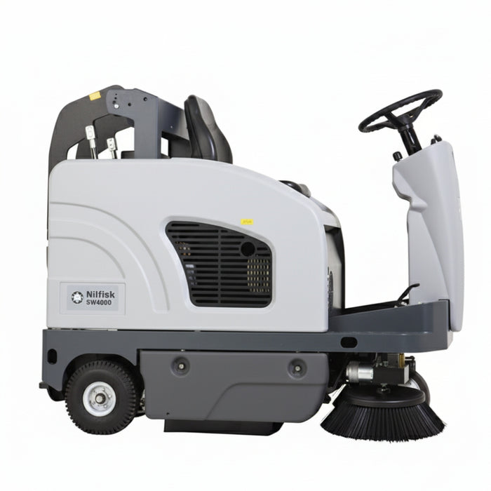 Nilfisk SW4000 mid-size battery ride-on sweeper providing reliable dust and debris removal in warehouses, schools, and shopping centers
