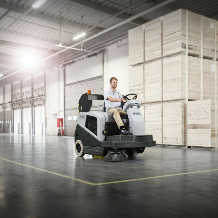 Operator driving Nilfisk SW5500 battery operated industrial hybrid ride-on sweeper for professional cleaning of indoor and outdoor environments