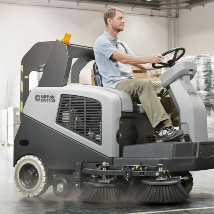 Nilfisk SW5500 efficient diesel hybrid ride-on sweeper built for maximum productivity in expansive commercial and industrial environments