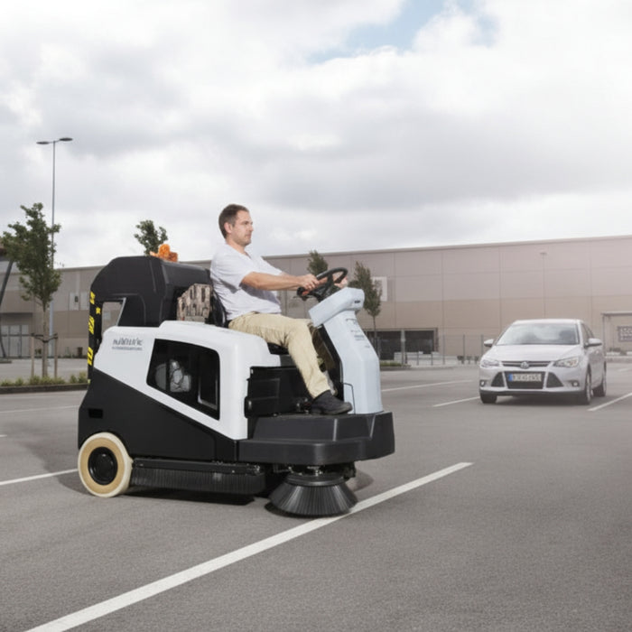 Operator driving Nilfisk SW5500 diesel hybrid ride-on sweeper providing professional sweeping results for large indoor and outdoor facilities